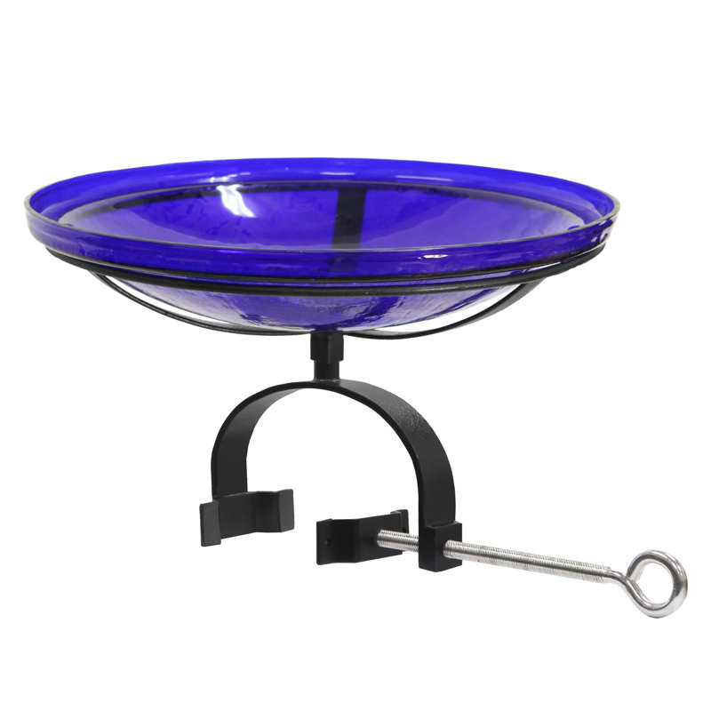 Bain d'oiseaux en verre craquelé avec support sur rail, H 8,5 po x l 15,25 po x P 14 po, Bleu de cobalt