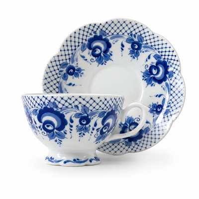 Signature Fine Bone China Teacup and Saucer Gzhel-Style Cobalt Lattice