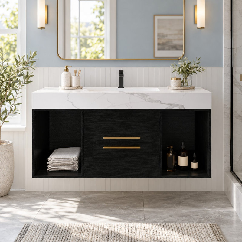 Meuble-lavabo flottant 39,4 po avec lavabo en céramique - meuble-lavabo mural avec plateau en ardoise blanche et 2 tiroirs à fermeture en douceur