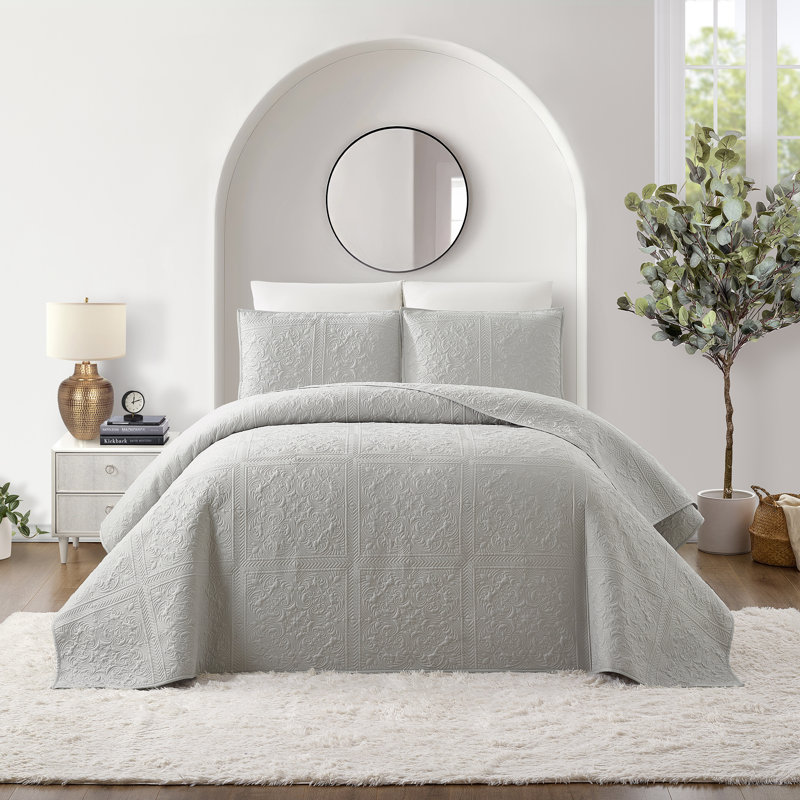  Solid Stitch 3-Piece Embroidered Bedspread Set, Queen Bedspread + 2 Standard Shams, Gray