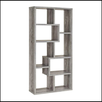 Bibliothèque à 10 tablettes avec finition en bois flotté gris, parfaite pour les espaces modernes et contemporains