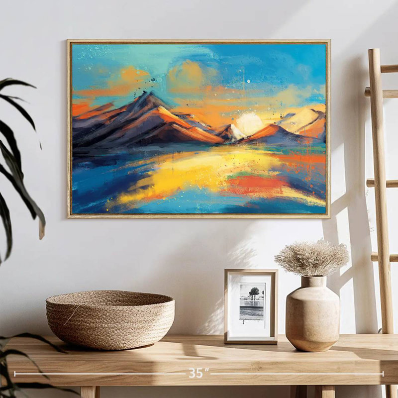 Coucher de soleil, paysage de Quenby, 25 po x 17 po, Cadre flottant en bois naturel