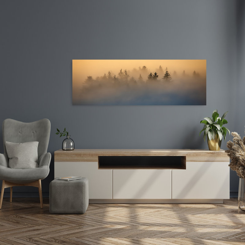 «Misty Golden Forest Dreamy Ethereal Mystical Pine Tree Forest», art mural, H 16 po x l 48 po