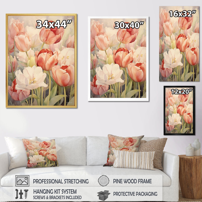 «Retro Blooming Retro Tulips Flowerfield I» sur toile, H 44 po x l 34 po x P 1,5 po, Cadre flottant blanc