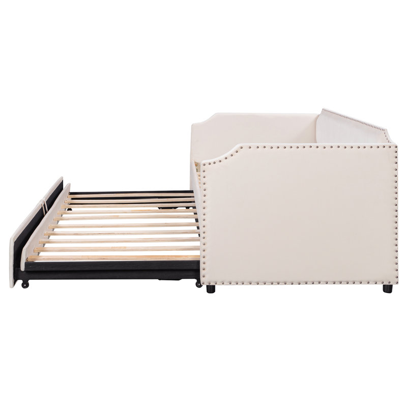 Lit de jour simple en velours rembourré avec couchette escamotable, beige