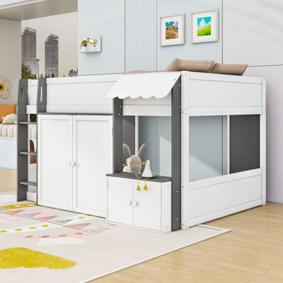 Full Loft House Bed With Cabinet, Ladder And Guardrails