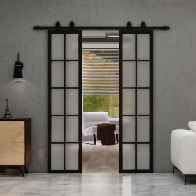 Double System Sliding Door with Black Frame Frosted Glass, 104cm X  214cm, Black