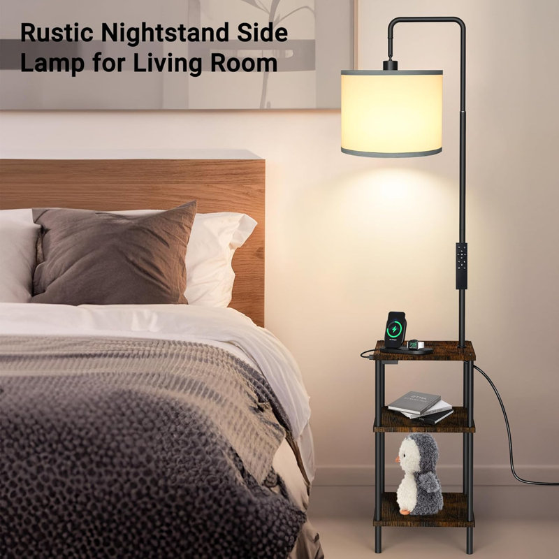 Floor Lamp With Side Table, 3-Tier Shelves, USB & AC Charging Station, Magnetic Remote Control, Stepless Dimmable LED Bulb, Adjustable Color Temperature, Rustic Brown For Living Room, Bedroom