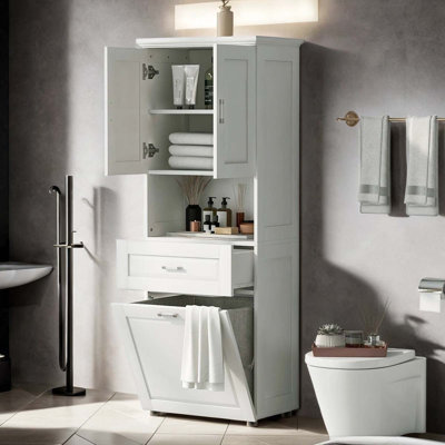 Tall Bathroom Cabinet With Laundry Basket, Large Storage Space Tilt-Out Laundry Hamper And Upper Storage Cabinet