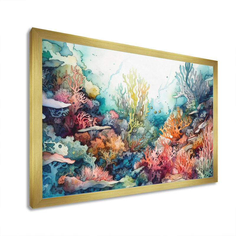 «Vibrant Coral Reef III - Modern Beach», art mural, Cadre doré, H 24 po x l 32 po x P 1 po