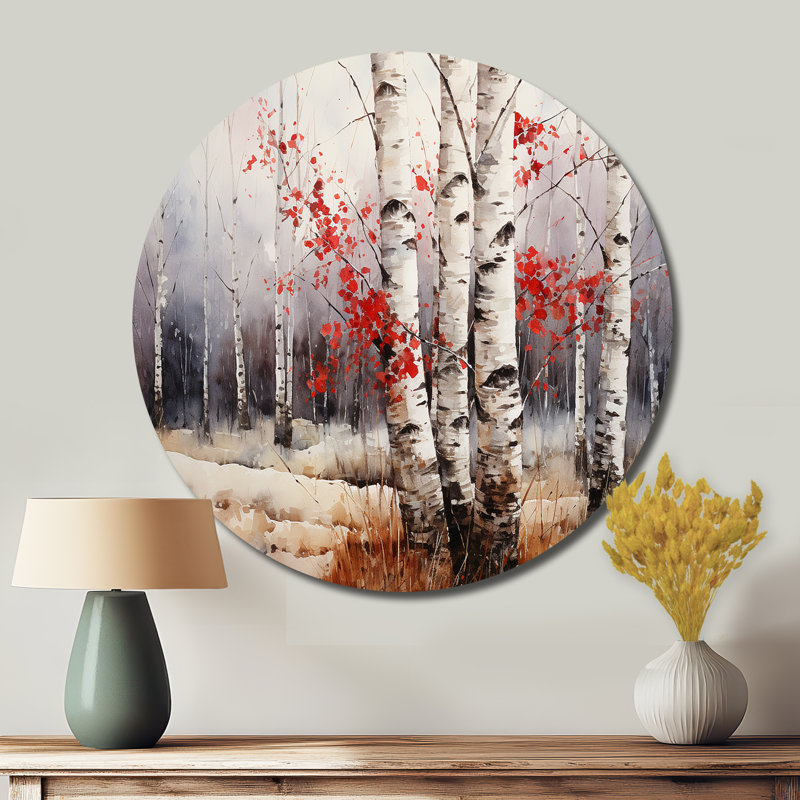 Bouleau blanc et rouge en hiver III - Art floral rond en métal, H 29 po x l 29 po