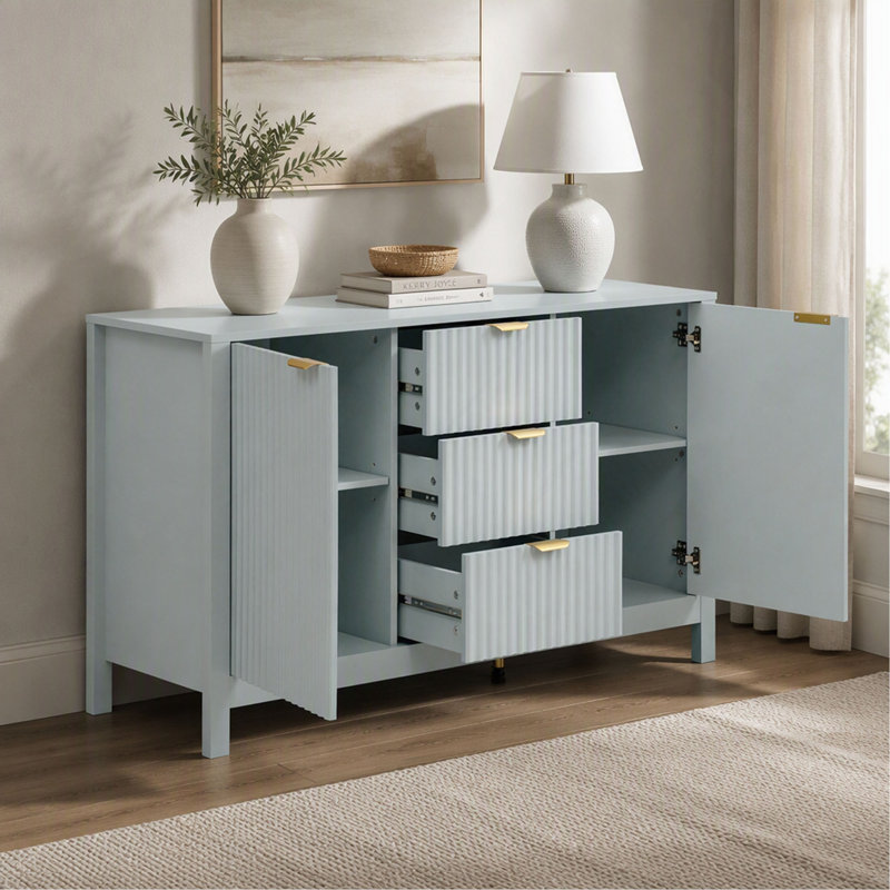 Buffet à motif ondulé, 3 tablettes réglables, 3 tiroirs et portes à fermeture douce avec poignées en métal, idéal pour le salon et le couloir.