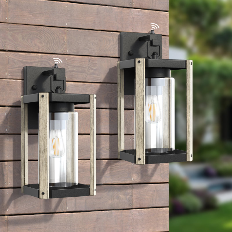 1-Light 13''H Black and White Wood Grain Iron ETL Outdoor Wall Lantern with Dusk to Dawn, Matte Black/White Wood Grain
