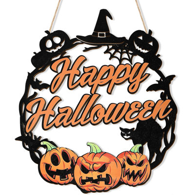 Décoration d'Halloween couronne de porte de citrouille en bois pour panneaux de porte d'entrée, chauve-souris chat noir, joyeux Halloween, suspendu pour la décoration murale de la fête d'Halloween