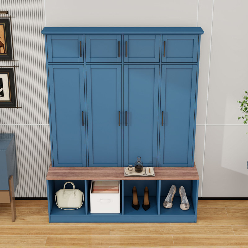 Arbre d'entrée en bois avec armoire, banc, portes et crochets, Bleu