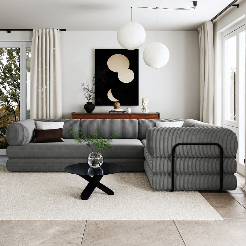 Canapé-lit modulaire en L en velours côtelé avec flexibilité multi-configuration et support en fer., Gris