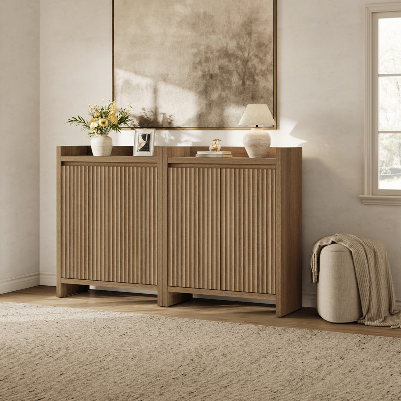 Armoire de rangement à chaussures cannelée avec 2 portes et 2 tablettes réglables Bethlehem, Chêne caramel, 3