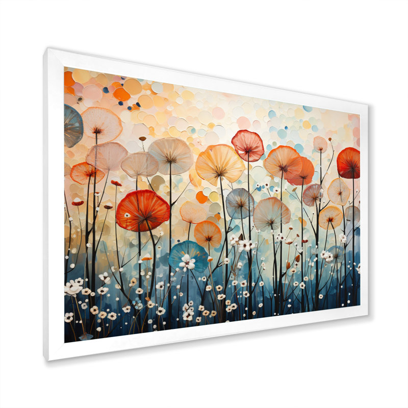 Coral Dandelion Floral Symphony II - Floral Wall Art Living Room, H 16 po x l 32 po x P 1 po, Cadre photo blanc