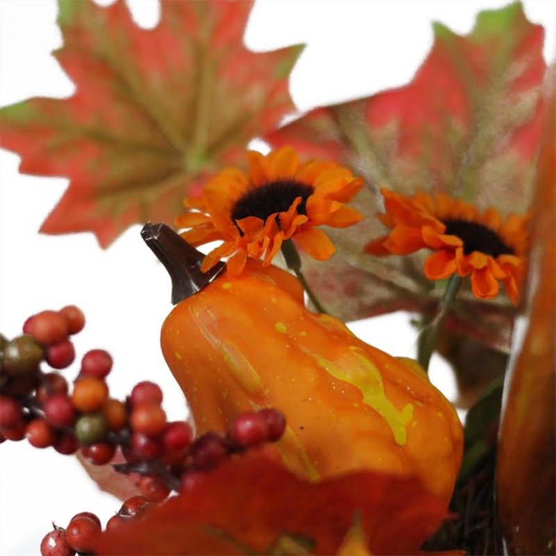 16" Orange and Red Sunflower with Pumpkin Fall Pillar Candle Holder
