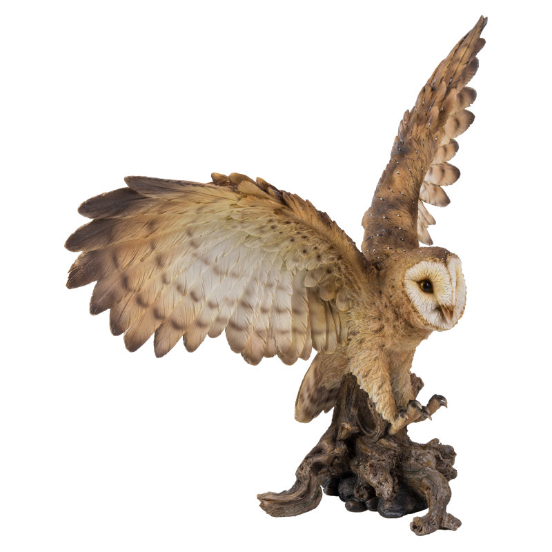 Barn Owl on Stump with Open Wings Polyresin Statue