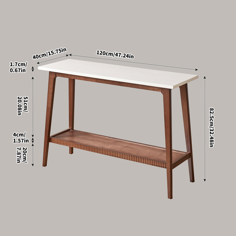 Console en bois massif, structure en bois d'hévéa massif, table d'entrée étroite à 2 niveaux de style Mid-Century, table d'appoint avec plateau de table blanc et tablette de rangement