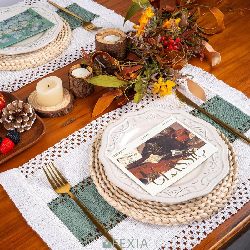 Ensemble de napperons Boho de 6 décorations de table en macramé et napperons en coton naturel, Vert