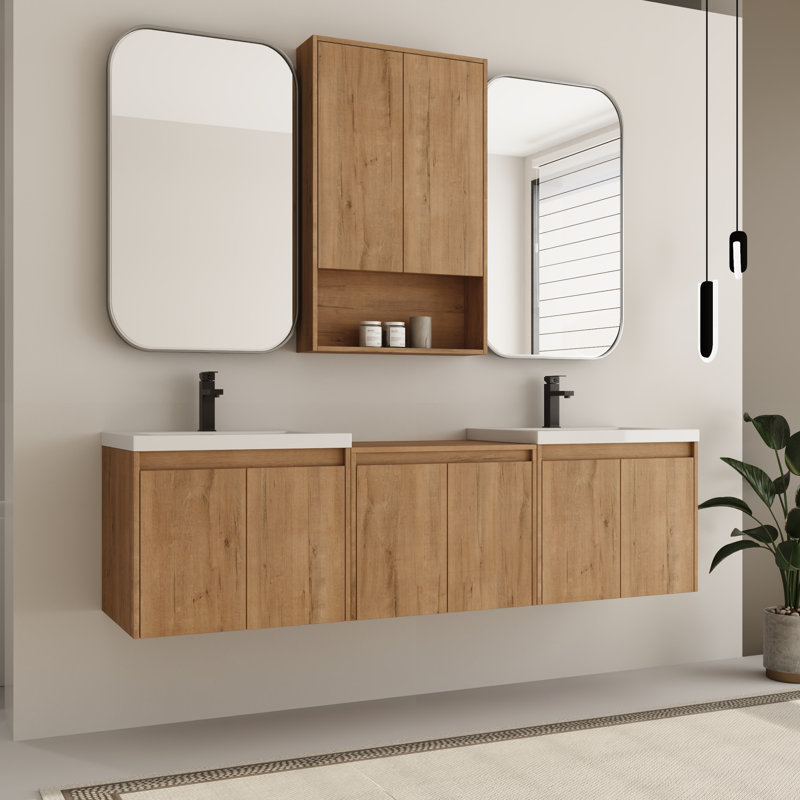 Bellmead 72'' Wall-Mounted Double Bathroom Vanity Set with Resin Vanity Top and 24'' Bathroom Wall Cabinet, 72"
