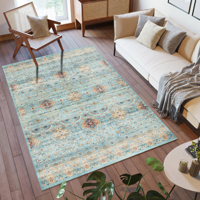 Samira Tanis Aqua Blue Gold Cream Multi Moroccan Bohemian Machine Washable Indoor Area Rug, Flat Pile for Living Room & Bedroom - Sage, 6x9