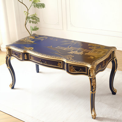 62.99"French Mid-Century Vintage Royal Blue Hand-Painted Rectangular Office Desk