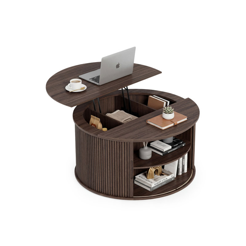  Lift-Top Coffee Table with Hidden Storage & Open Shelf, Round 31.5” Wooden Cocktail Table for Living Room, Brown Finish with Black Metal Frame