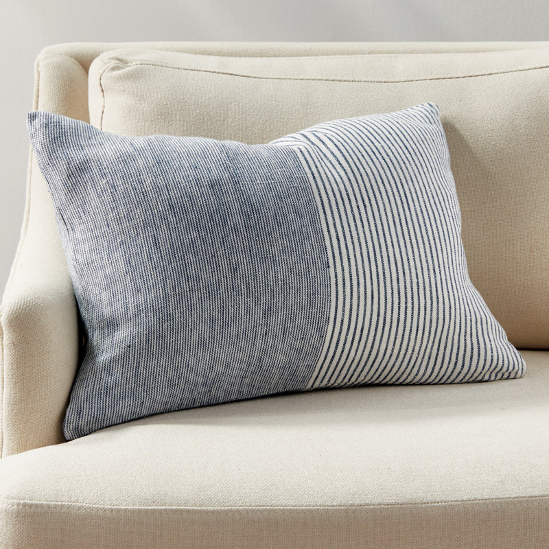 Jules European Flax Fiber Pillow Cover & Insert, Navy/Ivory/Pinstripe, Knife Edge, Rectangle 14" H x 20" W