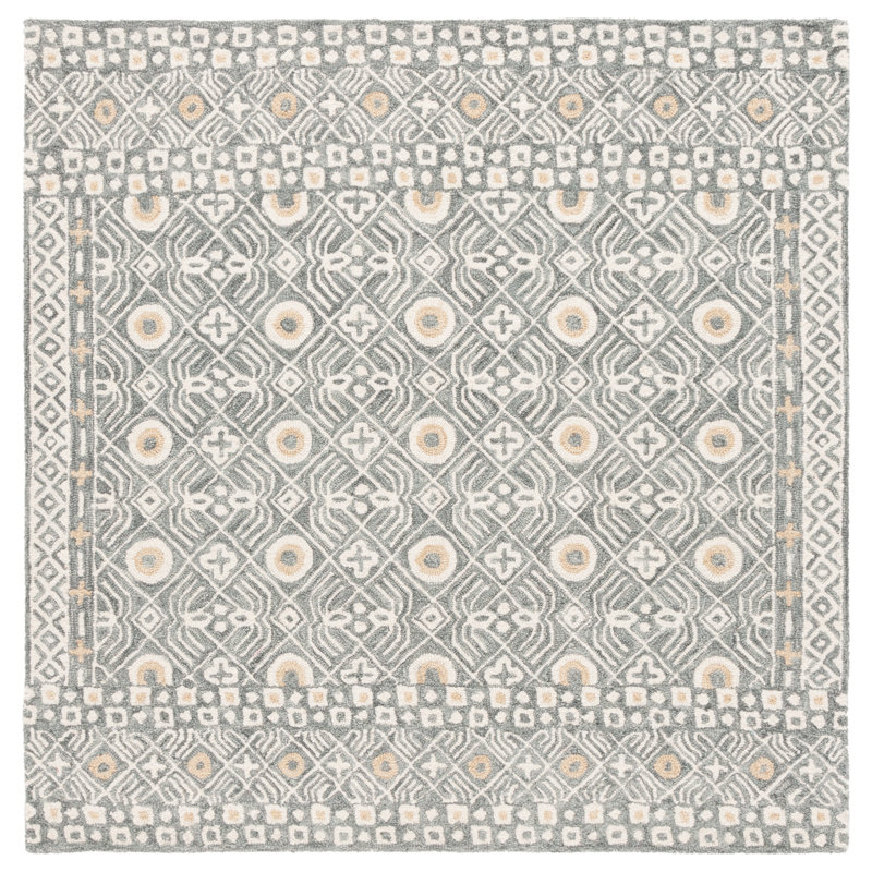 Marentic Hand Tufted Wool/Cotton Geometric Rug in Gray, Square 5'