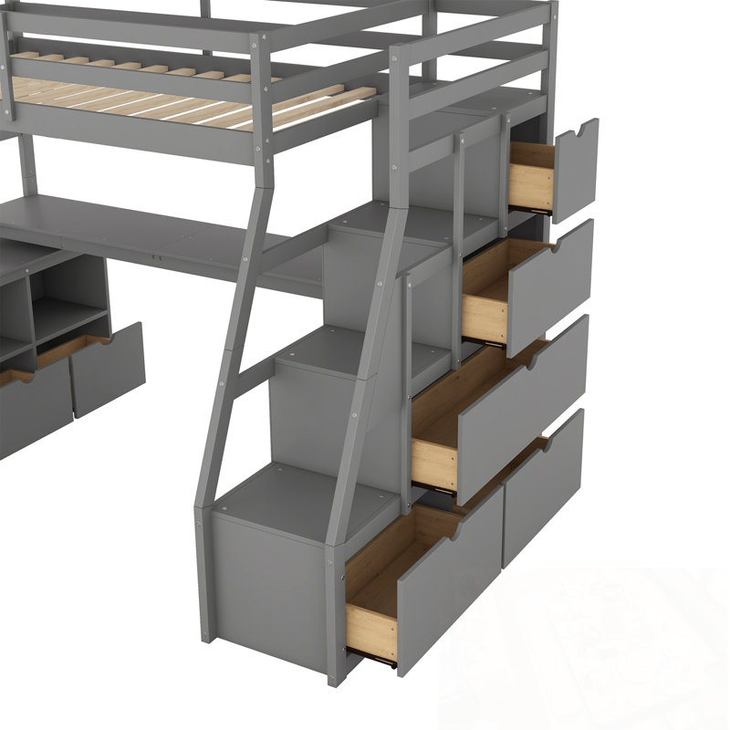 Lit mezzanine simple avec 7 tiroirs, 2 tablettes et bureau, Gris
