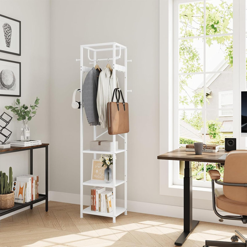Independent Coat Rack, Hall Tree, With 3 Storage Racks And 12 Hooks, Brown