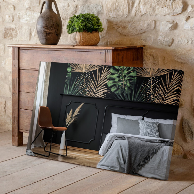 Toile, une chambre à coucher moderne avec un mur noir frappant orné d'art mural complexe en or métallique et vert foncé