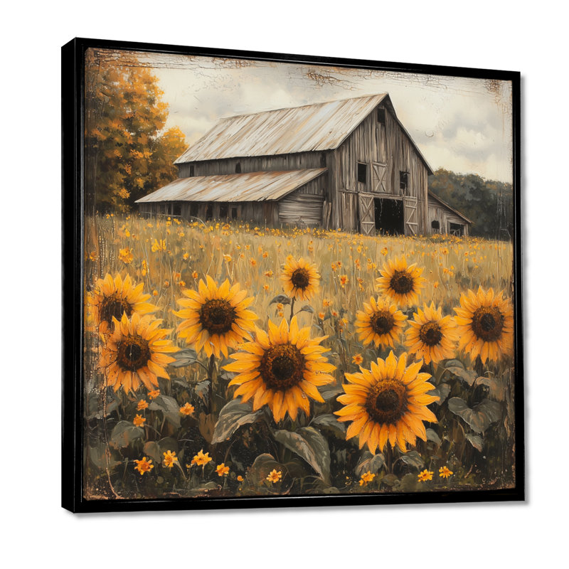 Donard tournesols par la vieille grange en bois II - tournesols, art mural, Impression encadrée flottante sans passe-partout