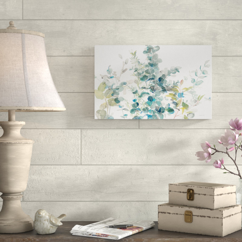 «Eucalyptus I White Crop», reproduction de peinture acrylique sur toile tendue, H 12 po x l 19 po