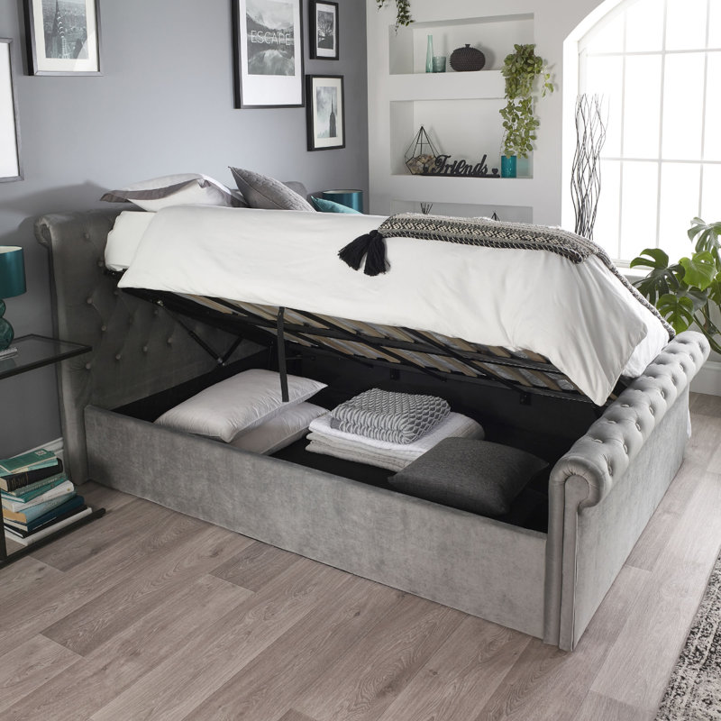 Chesterfield Ottoman Storage Bed in Grey Velvet with Pocket+ Mattress, Kingsize (175 x 220 cm)
