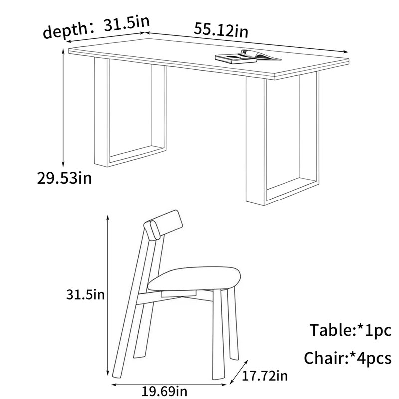 Table de salle à manger de luxe, 5 pièces: table, 4 chaises, 29.53"H x 55.12"L x 31.5"W