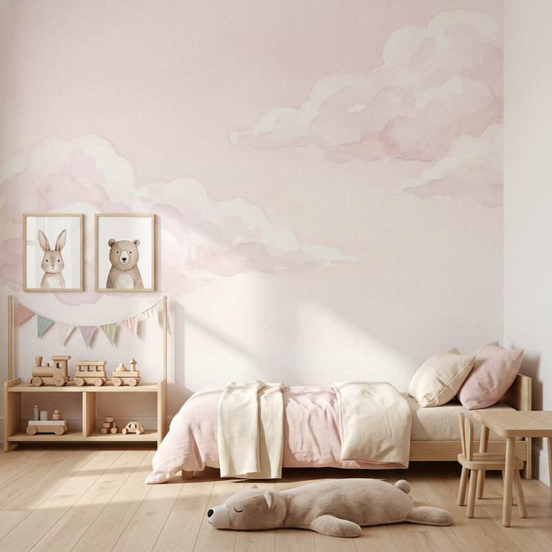 Papier peint aquarelle avec nuages décoratifs pastel rose ciel doux, Texturé non collé, 140 po x 108 po