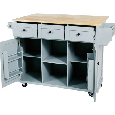 Drop Kitchen Island With Cabinet Storage & 5 Smooth Wheels, Blue Grey 3 Drawers And Internal , Drop, Design