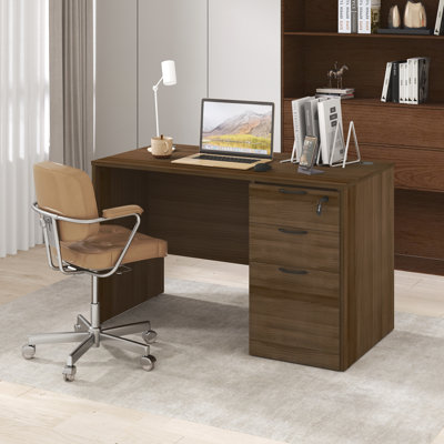 Bureau de direction de 119 cm avec caisson de classement, bureau pour bureau à domicile avec caisson de classement fixe à 3 tiroirs, passe-câbles, finition noyer moderne