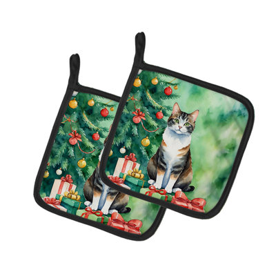 Paire de maniques Manx Cat by the Christmas Tree
