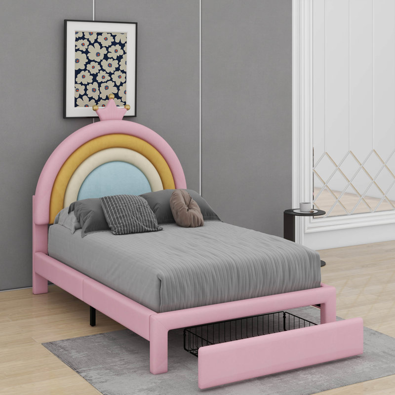 Lit simple tapissier arc-en-ciel, lit plateforme en velours avec tiroir Princess, Lit simple
