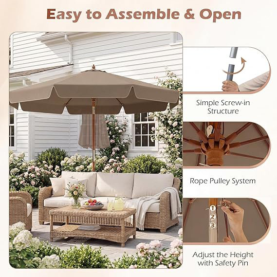 300 cm W X 300 cm D Market Parasol with Manual Lift, Brown