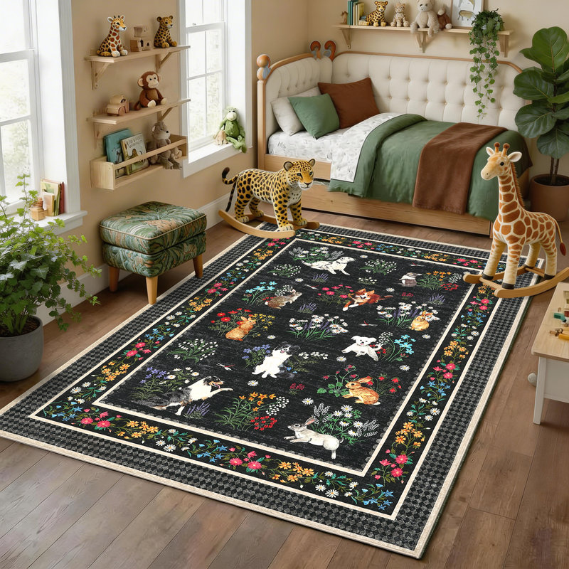 Tapis lavable à la machine Cute, Noir, Rectangle 9 pi x 12 pi