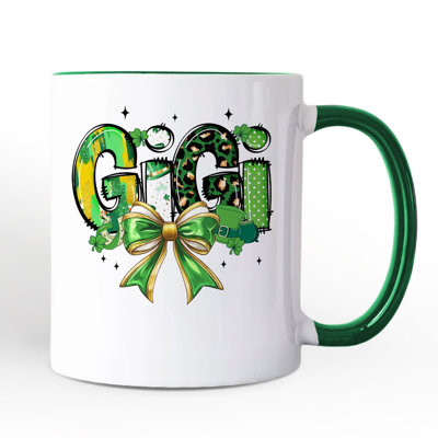 Coquette Gigi Bow St Patrick’s Day Mug, Green Lucky Shamrock Clover Gift with Custom Name