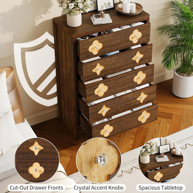 Commode pour chambre à coucher, grande commode pour garde-robe avec grand tiroir Boho, Brun