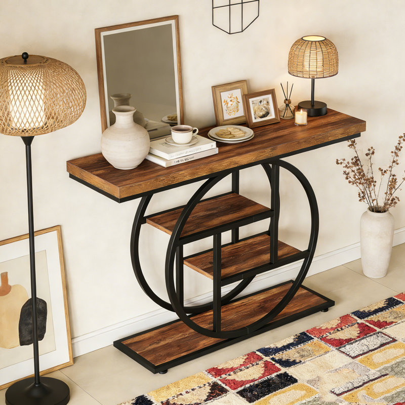 41.3 Inch Industrial Console Table with 4-Tier Rustic Brown Shelves, Unique Circle Metal Frame for Storage and Display, Narrow Entryway Accent