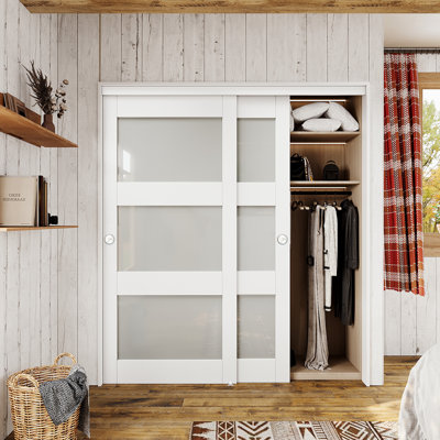 80" White Frosted Glasses Pantry Sliding Closet  Doors With Hardware & Handles